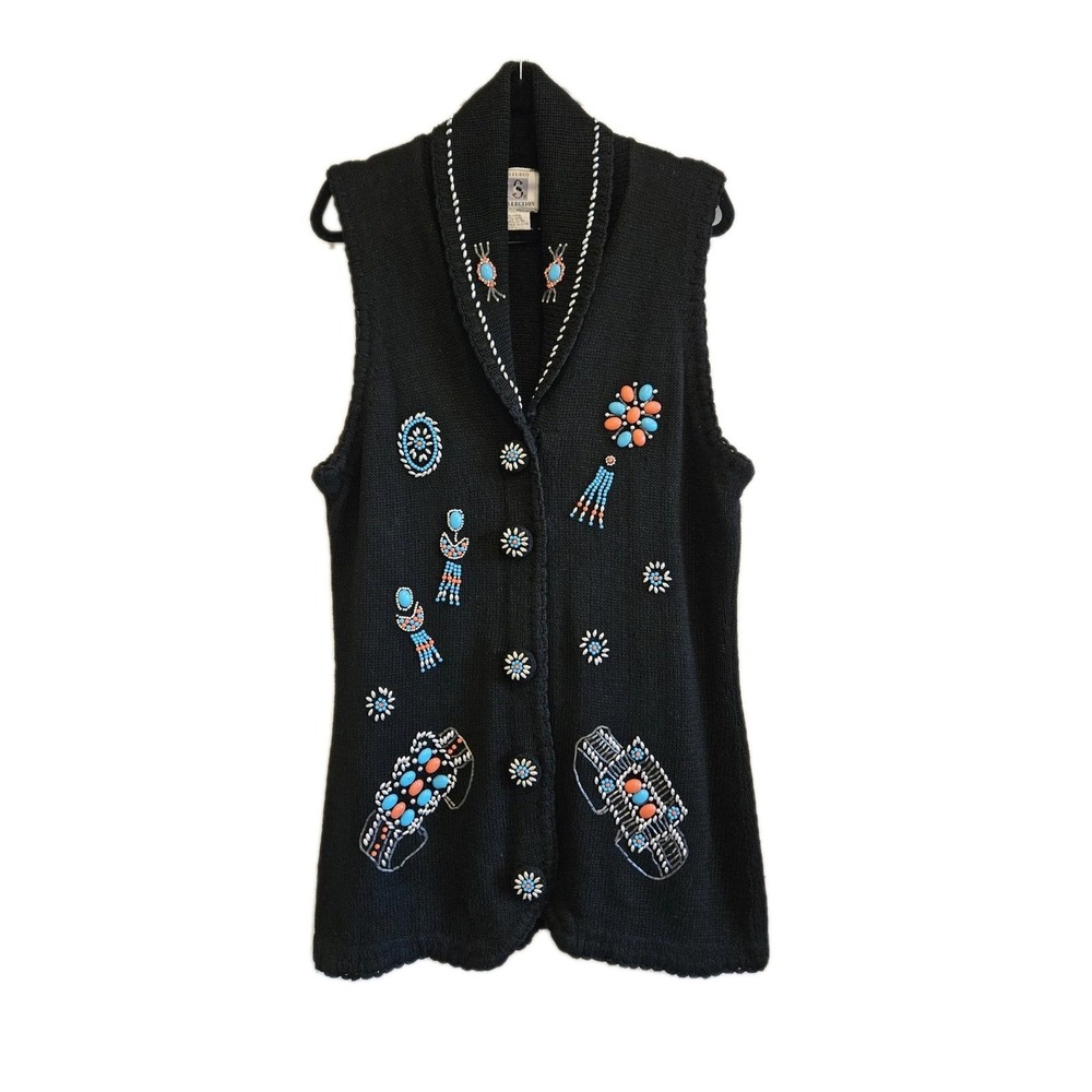 Vtg Studio Collection Western Native Beaded Knit Vest Boho L